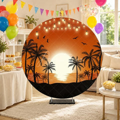 Aperturee - Aperturee Vibrant Tropical Sunset Round Backdrop Summer Beach Party Decor with Palm Trees and String Lights