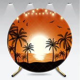 Aperturee - Aperturee Vibrant Tropical Sunset Round Backdrop Summer Beach Party Decor with Palm Trees and String Lights