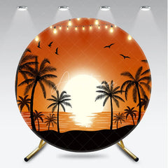 Aperturee - Aperturee Vibrant Tropical Sunset Round Backdrop Summer Beach Party Decor with Palm Trees and String Lights