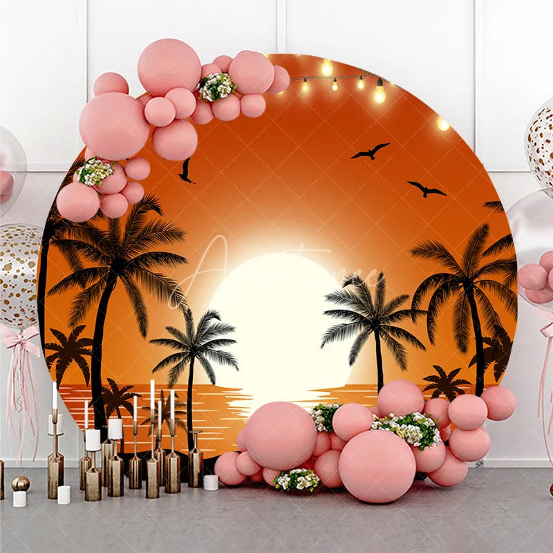 Aperturee - Aperturee Vibrant Tropical Sunset Round Backdrop Summer Beach Party Decor with Palm Trees and String Lights
