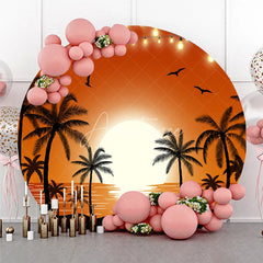 Aperturee - Aperturee Vibrant Tropical Sunset Round Backdrop Summer Beach Party Decor with Palm Trees and String Lights