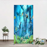 Aperturee - Aperturee Vibrant Underwater Ocean Rectangle Arch Backdrop featuring Dolphins Sea Turtle and Colorful Fish for Party Decor