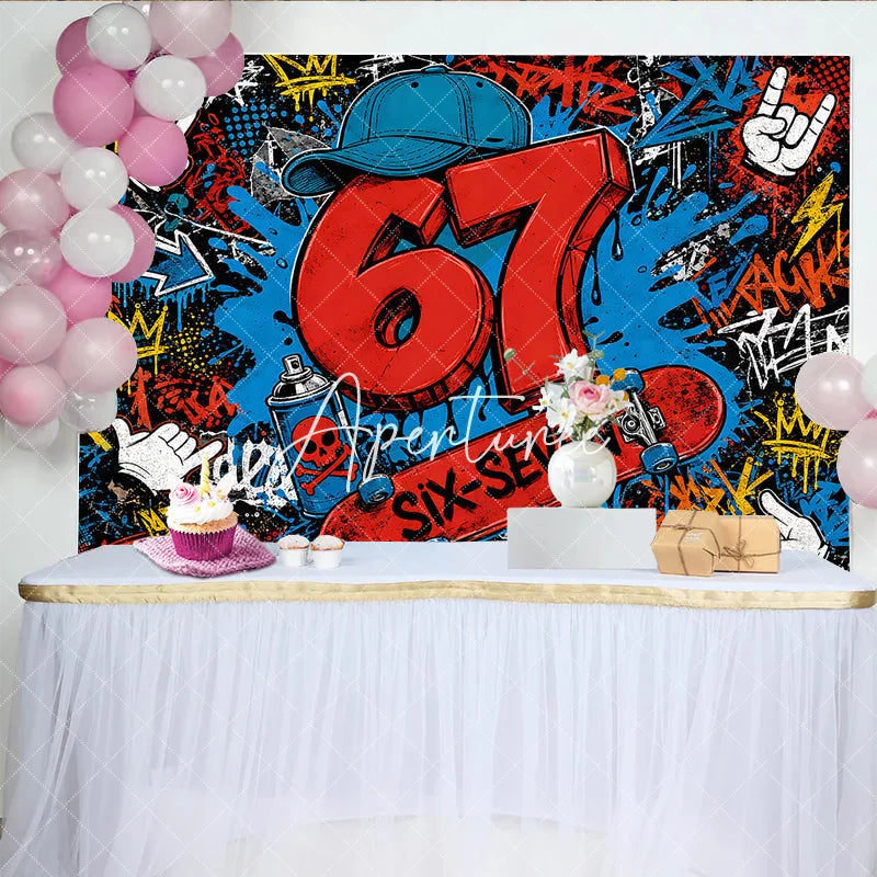 Aperturee - Aperturee Vibrant Urban Graffiti 7th Birthday Backdrop with Skateboard Spray Paint Party Decor