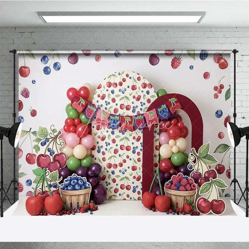 Aperturee - Aperturee Vibrant Watercolor Berry Photography Backdrop Sweet Cherry and Blueberry Theme for Birthday Party Decor