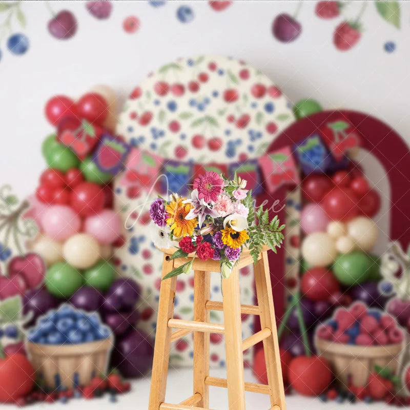Aperturee - Aperturee Vibrant Watercolor Berry Photography Backdrop Sweet Cherry and Blueberry Theme for Birthday Party Decor