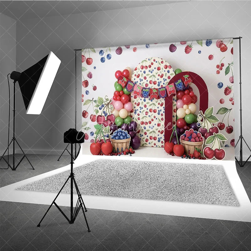 Aperturee - Aperturee Vibrant Watercolor Berry Photography Backdrop Sweet Cherry and Blueberry Theme for Birthday Party Decor