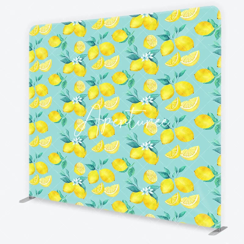 Aperturee - Aperturee Vibrant Watercolor Lemon and Green Leaves with Blossoms Square Double-Sided Backdrop Fresh Citrus Summer Party Decor