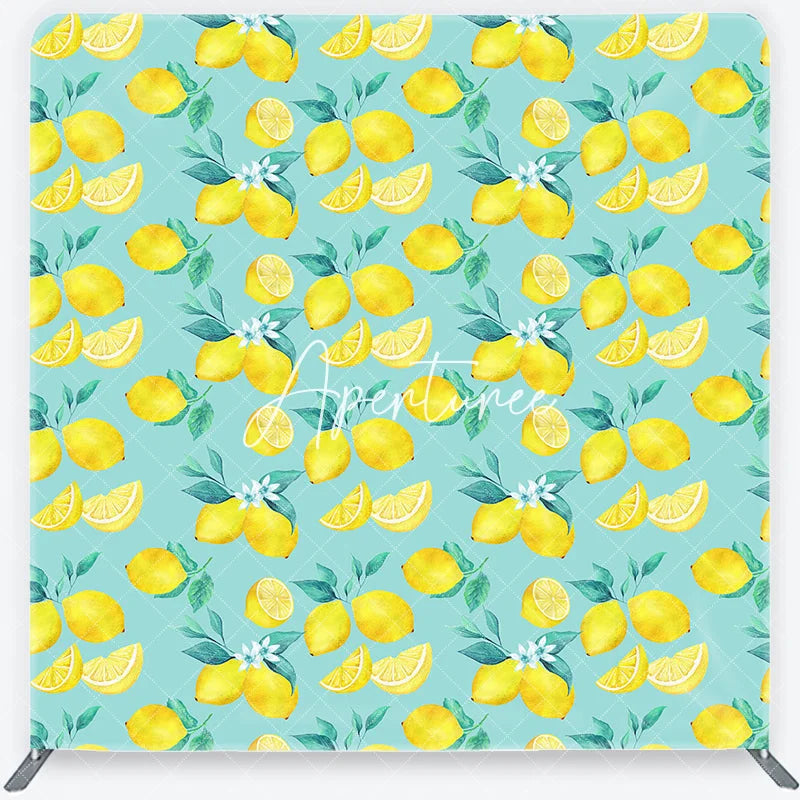 Aperturee - Aperturee Vibrant Watercolor Lemon and Green Leaves with Blossoms Square Double-Sided Backdrop Fresh Citrus Summer Party Decor