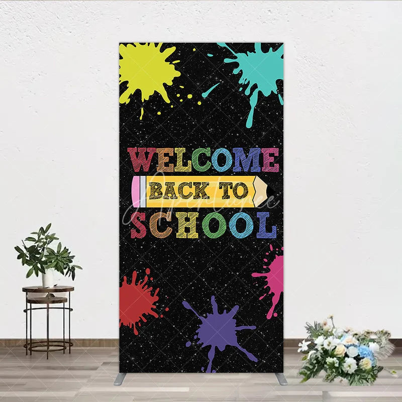 Aperturee - Aperturee Vibrant Welcome Back to School Rectangle Arch Backdrop Colorful Paint Splatter and Pencil Design for Classroom Decor