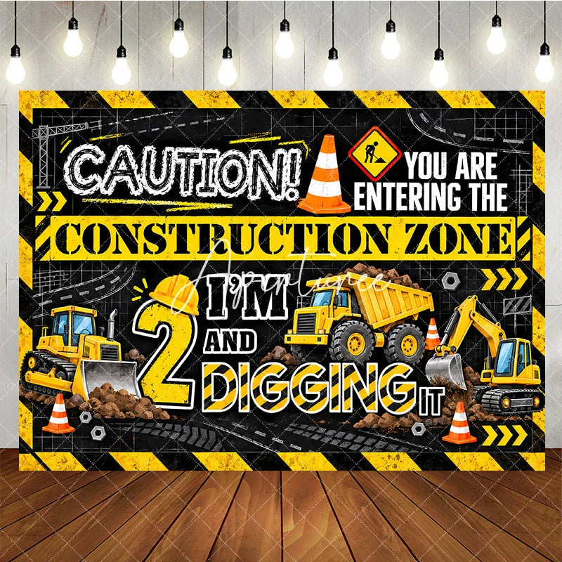 Aperturee - Aperturee Vibrant Yellow and Black Construction Zone 2nd Birthday Backdrop featuring Bulldozer and Dump Truck