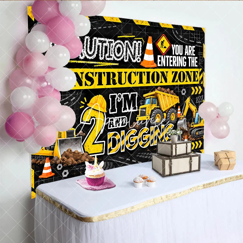 Aperturee - Aperturee Vibrant Yellow and Black Construction Zone 2nd Birthday Backdrop featuring Bulldozer and Dump Truck