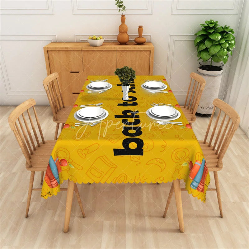 Aperturee - Aperturee Vibrant Yellow Back to School Rectangle Tablecloth Fun School Supplies for Classroom Decorations