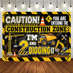Aperturee - Aperturee Vibrant Yellow Black Construction Zone 2nd Birthday Backdrop featuring Crane Dump Truck Excavator for Boys Party Decor