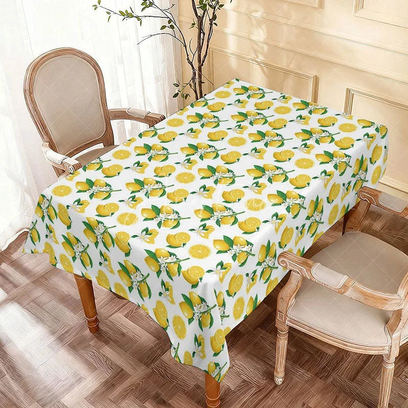 Aperturee - Aperturee Vibrant Yellow Lemon Floral Rectangle Tablecloth Summer Fruit Blossom Kitchen Dining Party Table Decor