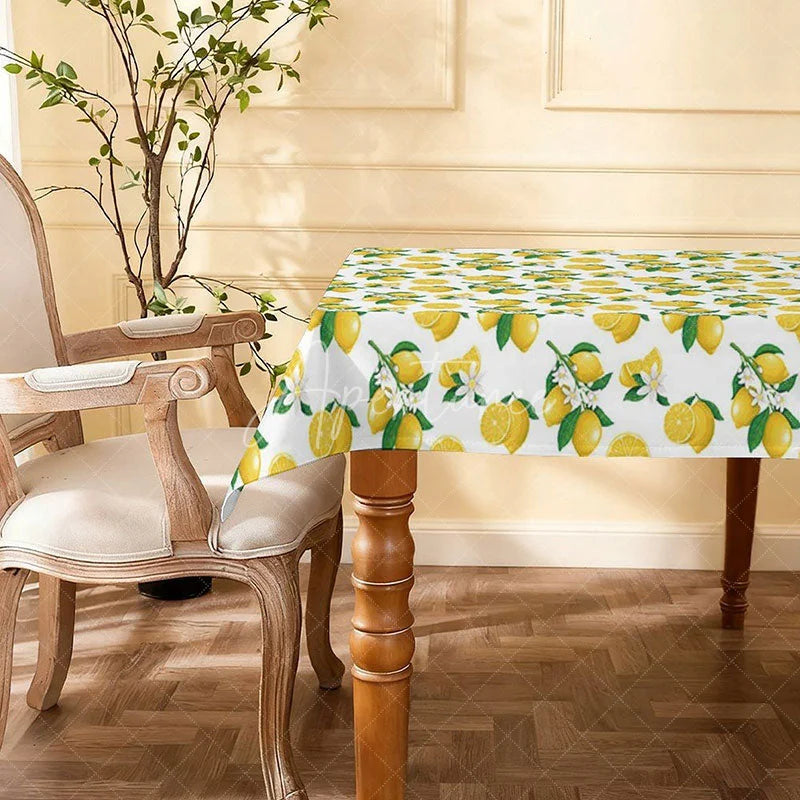 Aperturee - Aperturee Vibrant Yellow Lemon Floral Rectangle Tablecloth Summer Fruit Blossom Kitchen Dining Party Table Decor