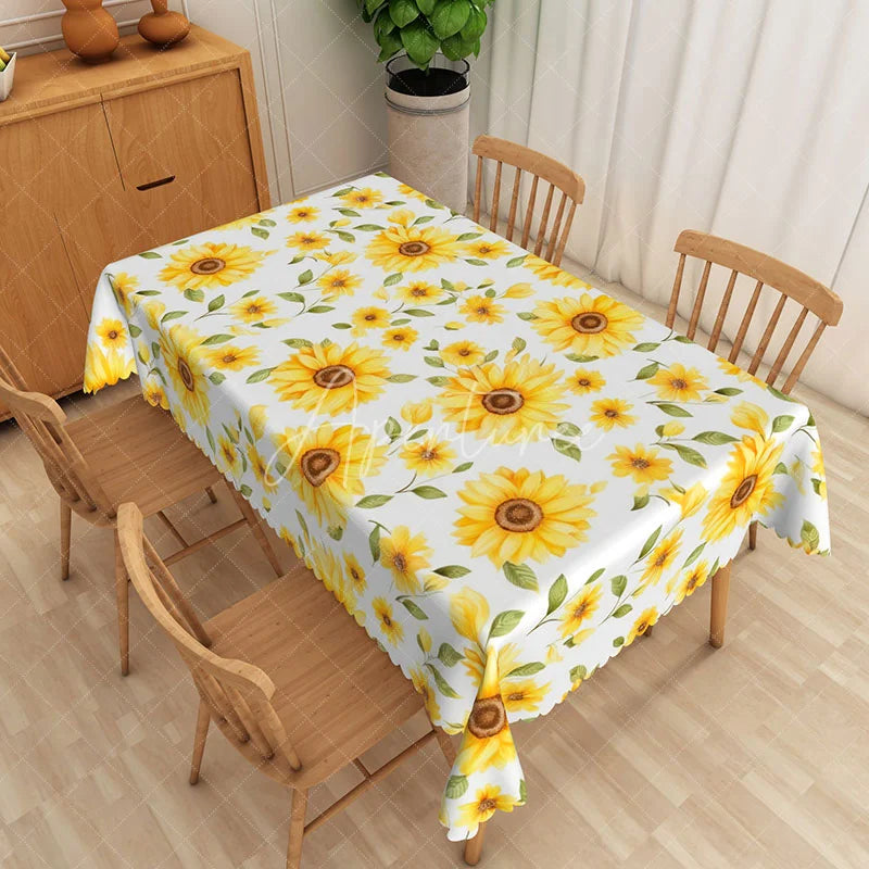 Aperturee - Aperturee Vibrant Yellow Sunflower Rectangle Tablecloth Summer Floral and Green Leaf Table Cover Farmhouse Decor