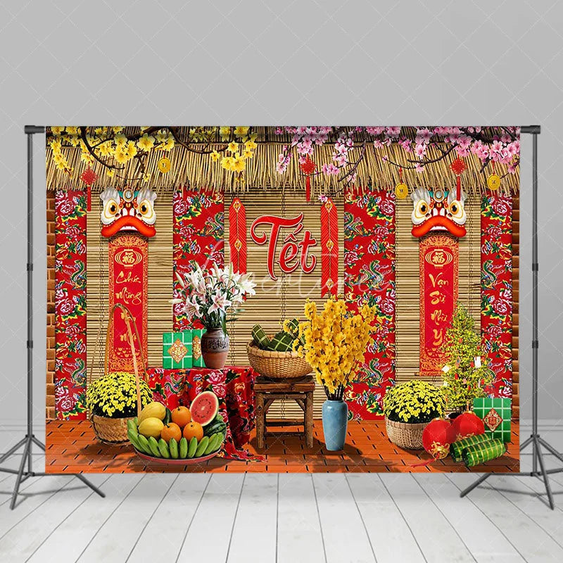 Aperturee - Aperturee Vietnamese Lunar New Year Tet Backdrop Traditional Yellow Apricot Blossom Background Spring Festival Party Decoration