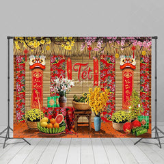 Aperturee - Aperturee Vietnamese Lunar New Year Tet Backdrop Traditional Yellow Apricot Blossom Background Spring Festival Party Decoration