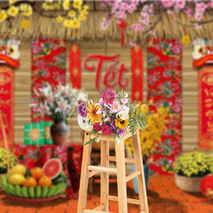 Aperturee - Aperturee Vietnamese Lunar New Year Tet Backdrop Traditional Yellow Apricot Blossom Background Spring Festival Party Decoration