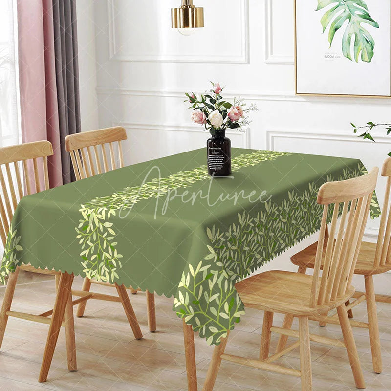 Aperturee - Aperturee Vine Stripe Rectangle Tablecloth Sage Green Leaf Pattern Dining Table Cloth Decor