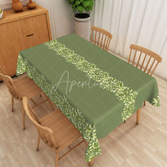 Aperturee - Aperturee Vine Stripe Rectangle Tablecloth Sage Green Leaf Pattern Dining Table Cloth Decor