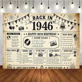 Aperturee - Aperturee Vintage 1946 Happy 80th Birthday Newspaper Style Facts birthday backdrop Retro Memory Lane Party Decor
