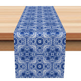 Aperturee - Aperturee Vintage Abstract Table Runner with Blue and White Pattern for Modern Farmhouse and Coastal Kitchen Decor