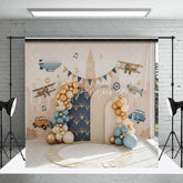Aperturee - Aperturee Vintage Airplane and Car City Backdrop Retro Travel Theme for Boy Birthday Cake Smash