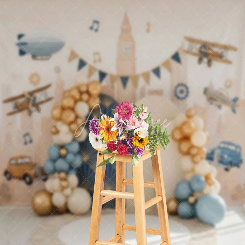 Aperturee - Aperturee Vintage Airplane and Car City Backdrop Retro Travel Theme for Boy Birthday Cake Smash