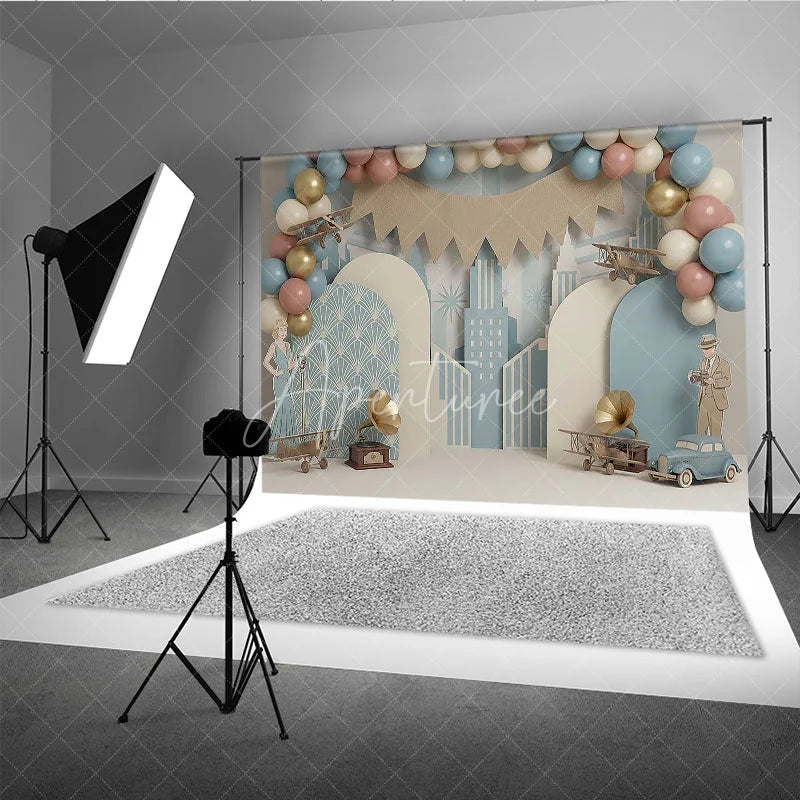 Aperturee - Aperturee Vintage Airplane First Birthday Backdrop Retro Blue City and Antique Aviation Cake Smash Photography Background