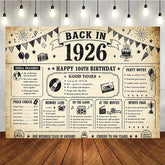 Aperturee - Aperturee Vintage Back in 1926 Happy 100th Birthday Backdrop Nostalgic Infographic Party Decor for Centennial Celebration