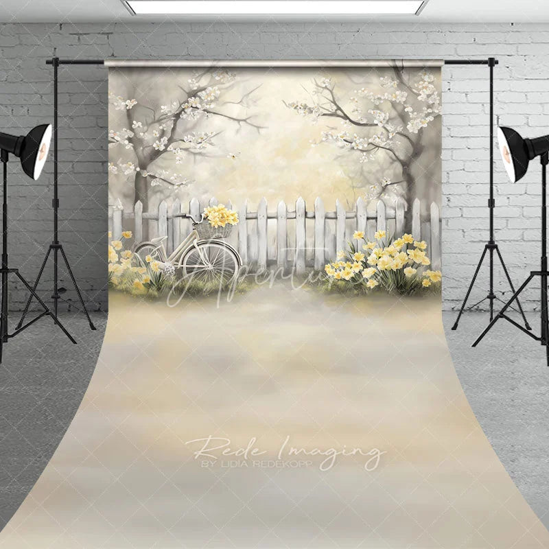 Aperturee - Aperturee Vintage Bicycle and White Fence Backdrop Yellow Flowers Spring Garden Scene Romantic Outdoor Photography