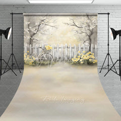 Aperturee - Aperturee Vintage Bicycle and White Fence Backdrop Yellow Flowers Spring Garden Scene Romantic Outdoor Photography
