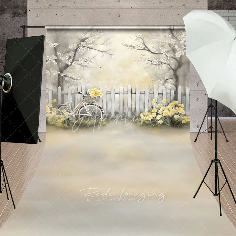 Aperturee - Aperturee Vintage Bicycle and White Fence Backdrop Yellow Flowers Spring Garden Scene Romantic Outdoor Photography