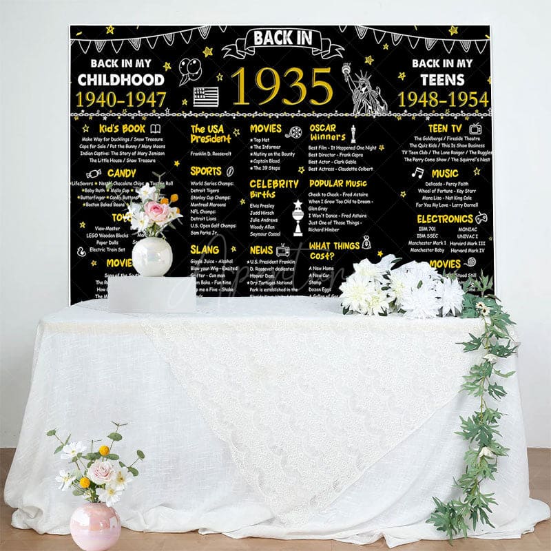 Aperturee - Aperturee Vintage Black Gold Poster 90th Birthday Backdrop