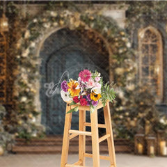 Aperturee - Aperturee Vintage Blue Door Christmas Backdrop Gold Floral Arch Lantern Photography Background