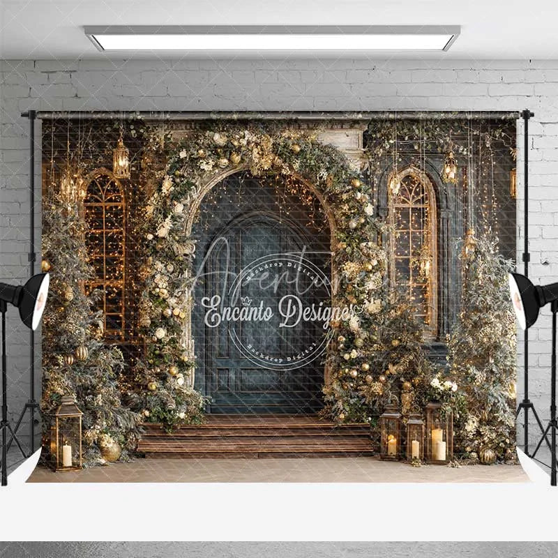 Aperturee - Aperturee Vintage Blue Door Christmas Backdrop Gold Floral Arch Lantern Photography Background