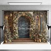 Aperturee - Aperturee Vintage Blue Door Christmas Backdrop Gold Floral Arch Lantern Photography Background