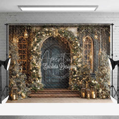Aperturee - Aperturee Vintage Blue Door Christmas Backdrop Gold Floral Arch Lantern Photography Background