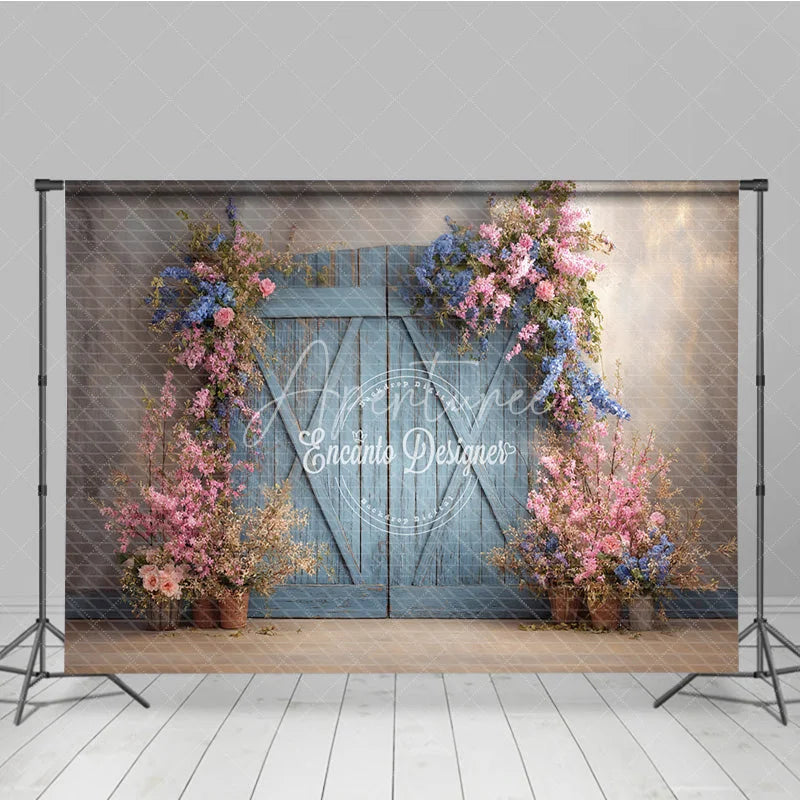 Aperturee - Aperturee Vintage Blue Door Photography Backdrop with Spring Flowers Rustic Painterly Wall Fine Art Photo Background
