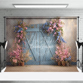 Aperturee - Aperturee Vintage Blue Door Photography Backdrop with Spring Flowers Rustic Painterly Wall Fine Art Photo Background