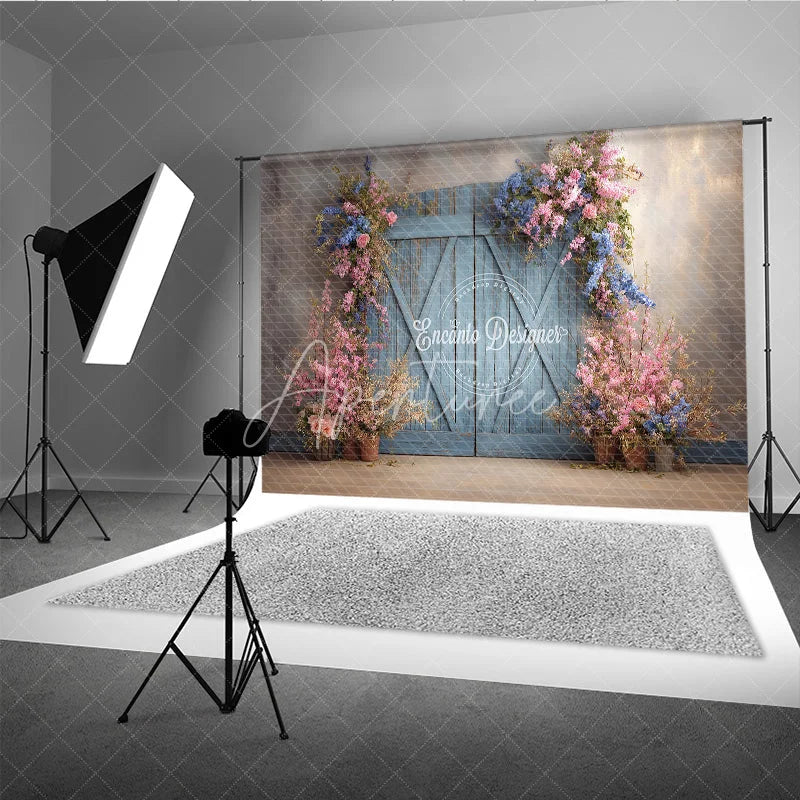 Aperturee - Aperturee Vintage Blue Door Photography Backdrop with Spring Flowers Rustic Painterly Wall Fine Art Photo Background