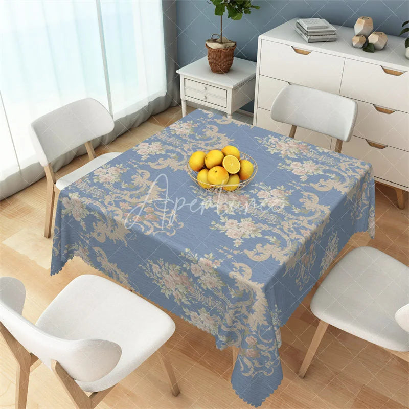 Aperturee - Aperturee Vintage Blue Floral Damask Rectangle Tablecloth Classic Rose Bouquet Pattern Table Cover for Dining