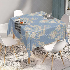 Aperturee - Aperturee Vintage Blue Floral Damask Rectangle Tablecloth Classic Rose Bouquet Pattern Table Cover for Dining