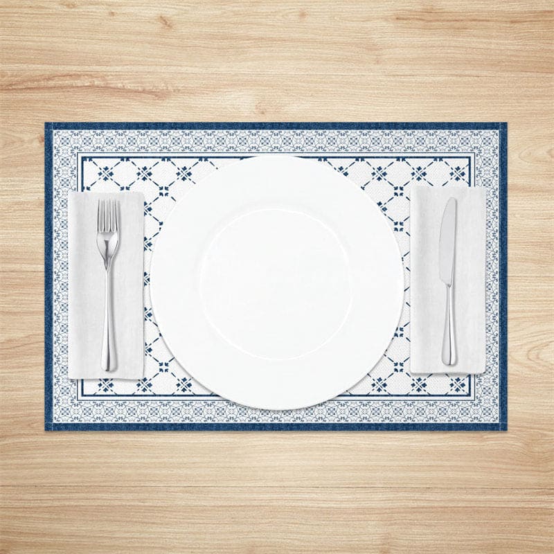 Aperturee - Aperturee Vintage Blue White Boho Print Set Of 4 Placemats