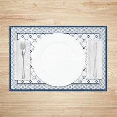 Aperturee - Aperturee Vintage Blue White Boho Print Set Of 4 Placemats