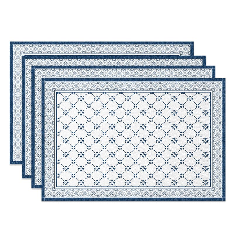 Aperturee - Aperturee Vintage Blue White Boho Print Set Of 4 Placemats