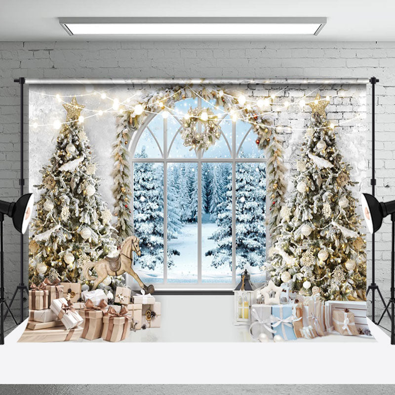 Aperturee - Aperturee Vintage Brick Wall Window Snow Forest Xmas Backdrop