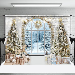 Aperturee - Aperturee Vintage Brick Wall Window Snow Forest Xmas Backdrop