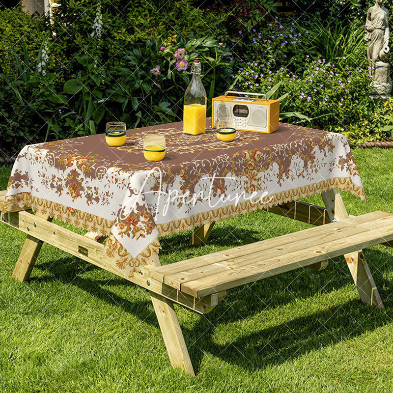 Aperturee - Aperturee Vintage Brown Beige Rose Motif Rectangle Tablecloth
